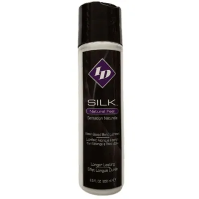 Black bottle with purple logo, inscription "ID Silk Natural Feel", water-based lubricant, 250 ml.