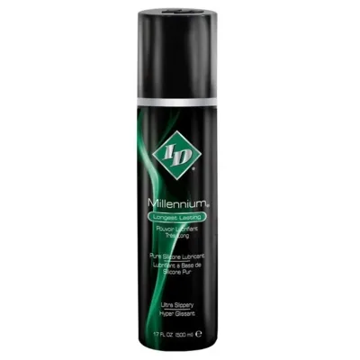 Schwarze Flasche ID Millennium Silikon-Gleitmittel, 500 ml, mit grünem Design und Text "Longest Lasting".