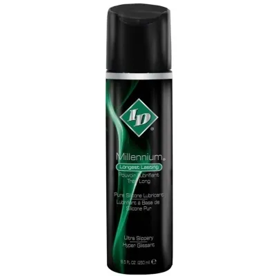 Black bottle ID Millennium silicone lubricant, 250 ml, with green design and text "Longest Lasting".