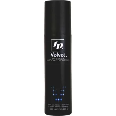 Black bottle ID Velvet Body Glide, 200 ml, with white text and blue symbols on the front.
