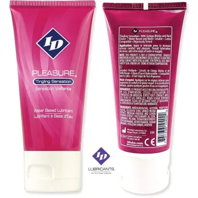 Pink tube with the inscription "ID Pleasure Tingling Sensation", water-based lubricant, front and back visible.