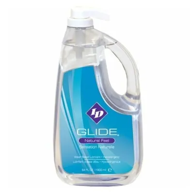 Flasche mit ID Glide Gleitmittel, wasserbasiert, 64 fl oz, mit Pumpverschluss und blauem Etikett.