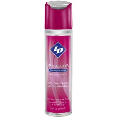 Bottle of water-based lubricant, pink label, 250 ml, brand ID Pleasure, "Tingling Sensation".