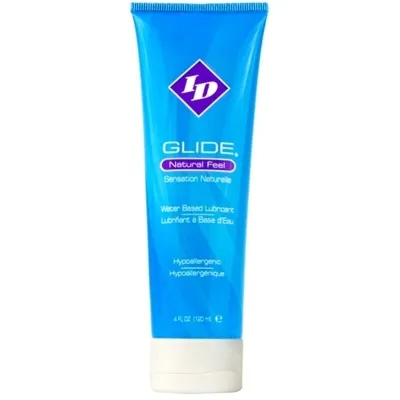 Blue lubricant in a tube labeled "ID Glide Natural Feel", water-based and hypoallergenic, 120 ml.