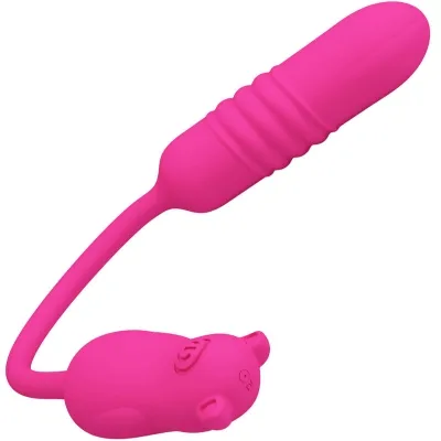 Rosa Vibrator mit geripptem Design und einem Schweinchen-förmigen Griff.
