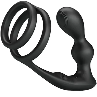 Black, ergonomically shaped sex toy with two rings and a curved end for stimulation.