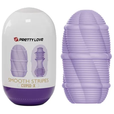 Lila geripptes Sexspielzeug neben weißer Verpackung mit Produktabbildung und Logo.