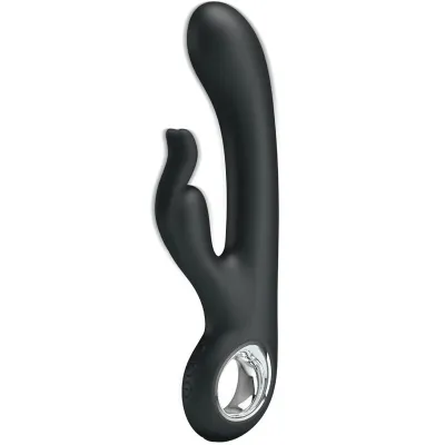 Black vibrator with ergonomic design and two stimulation arms, one of which is rabbit-shaped, with a silver handle.