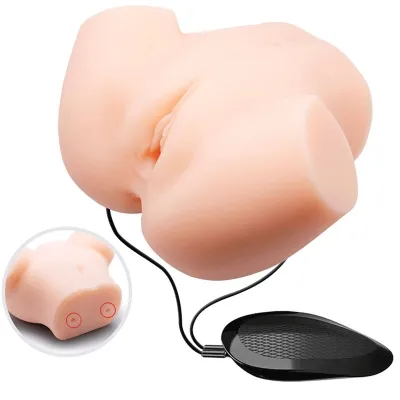 Sex toy in the shape of a torso with remote control, skin-colored, connected by cable.