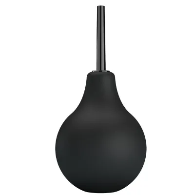 Black rubber balloon syringe with a long, narrow spout against a white background.
