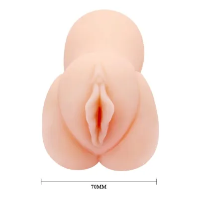 Silicone sex toy in skin color, 70 mm wide, with anatomical details.