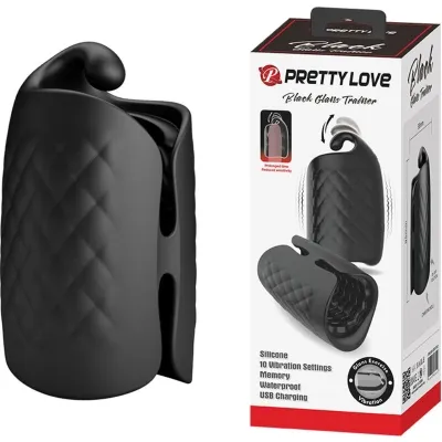 Black silicone masturbation device with packaging, 10 vibration modes, waterproof, USB rechargeable.