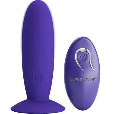 Purple vibrator with remote control, both with a smooth surface and silver accents.