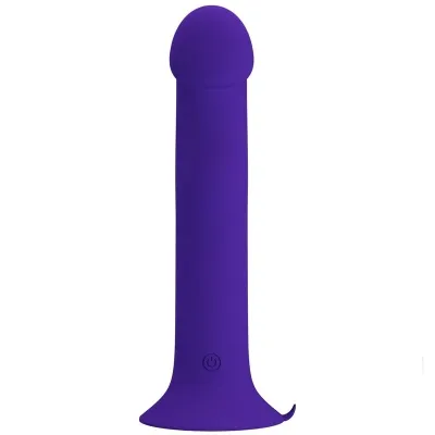 Purple vibrator with a smooth surface and rounded tip, with an on/off button at the bottom.