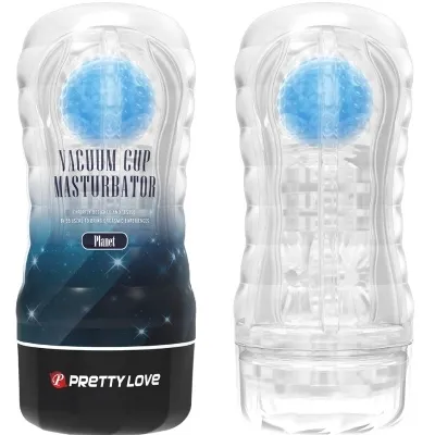 Transparenter Masturbator mit blauer Struktur im Inneren, Markenname "Pretty Love" auf schwarzem Sockel.