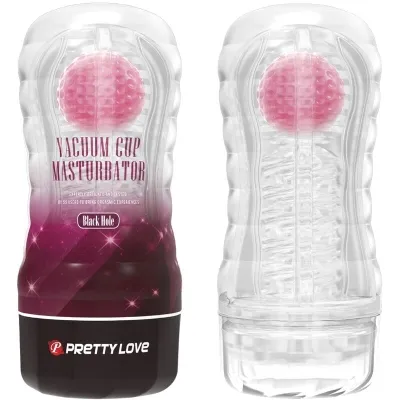 Transparent masturbator with pink ball inside, brand name "Pretty Love", product name "Vacuum Cup Masturbator".