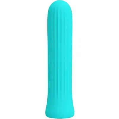 Turquoise, ribbed, cylindrical object with a rounded tip on a white background.