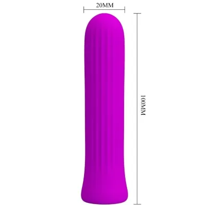 Purple, cylindrical object with a ribbed surface, 100 mm high and 20 mm wide.