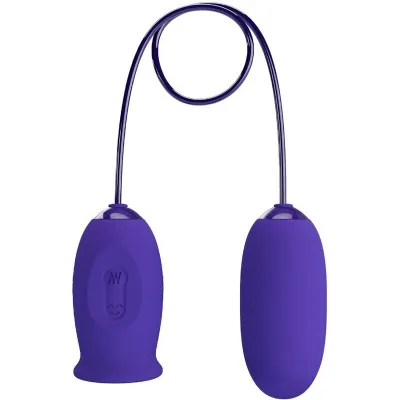 Purple vibrating egg with remote control, connected by a cable.