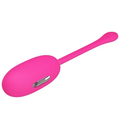 Pink, oval vibrator with a long handle and ribbed surface.