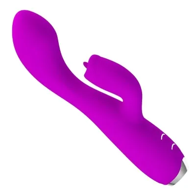 Lila Vibrator mit ergonomischem Design und zwei Enden, eines für interne und eines für externe Stimulation.