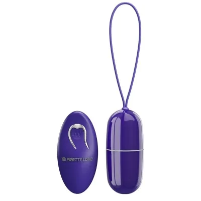 Purple remote-controlled vibrating egg with remote control, both with a smooth surface and silver accents.