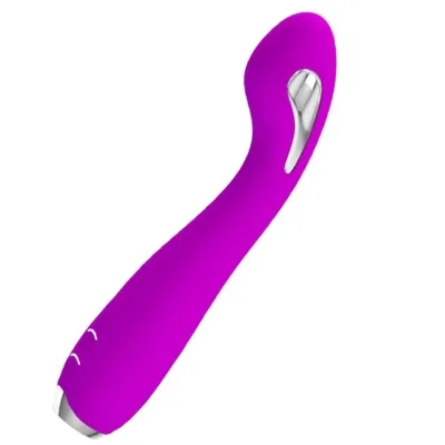 Purple vibrator with a curved shape and silver accents, on a white background.