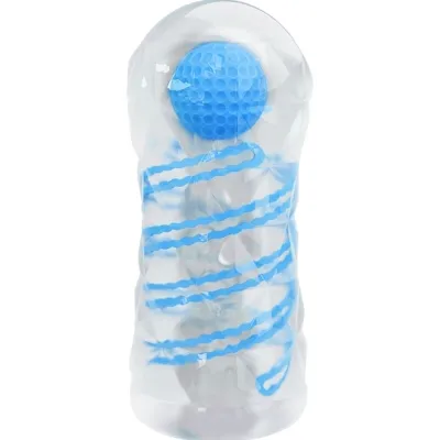 Transparent container with a blue spiral and ball inside, on a white background.