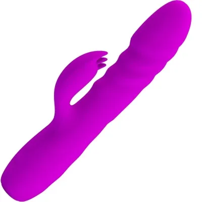 Purple vibrator with curved attachment and textured shaft, on a white background.