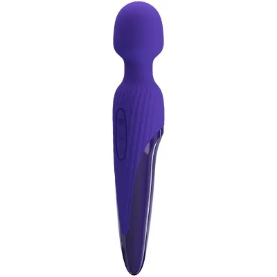 Purple massage device with textured handle and controls on the side, suitable for relaxation and wellness.