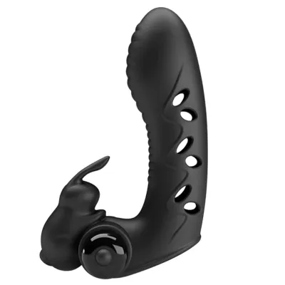 Schwarzes, gebogenes Silikon-Sextoy mit strukturierten Details und einem kleinen Hasenaufsatz für zusätzliche Stimulation.