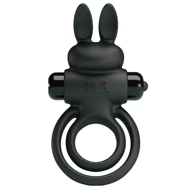 Black silicone ring with bunny ears and integrated vibrator, CE marking visible.