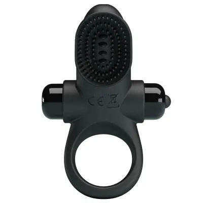 Black silicone ring with textured top and two side protrusions, suitable for massage purposes.