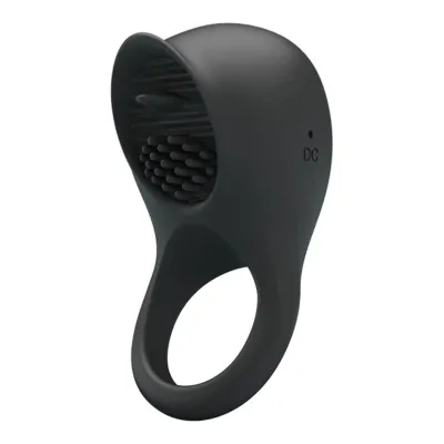 Black silicone ring with textured top and charging port, side view.