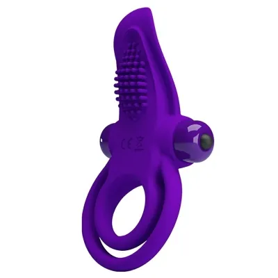 Purple silicone ring with nubs and two side balls, suitable for intimate applications.