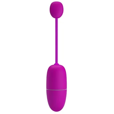 Purple vibrating egg with remote control, elongated shape, smooth surface.