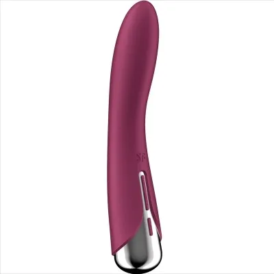 Lila Vibrator mit geschwungener Form und silbernem Griff, seitliche Ansicht.