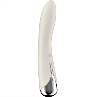 Weißer, gebogener Vibrator mit silbernem Griff und Bedienelementen an der Seite.
