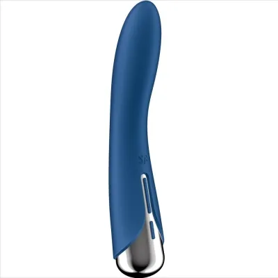Blauer, gebogener Vibrator mit silbernem Griff und glatter Oberfläche.