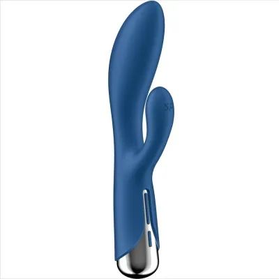 Blue, ergonomically shaped vibrator with two arms and silver detail on the handle.