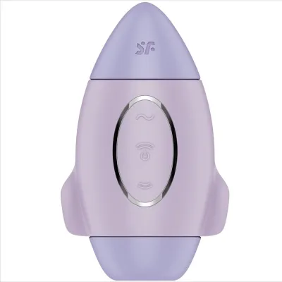 Lila, raketenförmiges Gerät mit Bedienelementen und einem Logo oben.