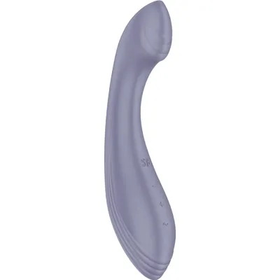 Lila gebogener Vibrator mit strukturiertem Griff und Bedienelementen.