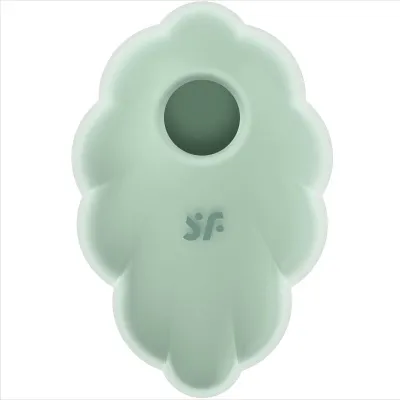Green, flower-shaped object with a hole in the middle and a logo underneath.