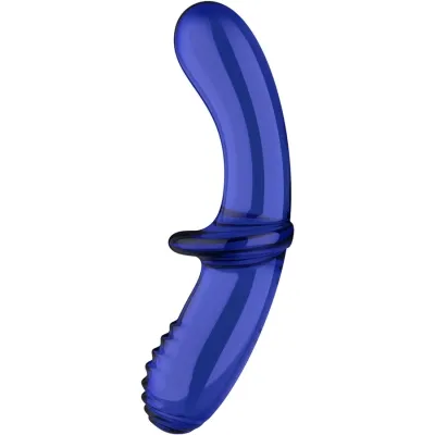 Blue, curved glass dildo with a textured handle and smooth surface.