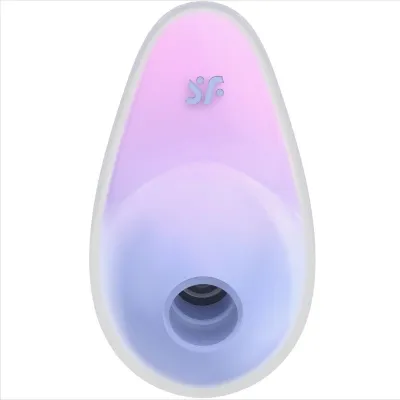 A teardrop-shaped device in pastel colors with an opening and a logo on the top.