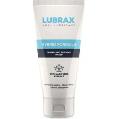 Tube containing Lubrax anal lubricant, hybrid formula, water and silicone based, aloe vera, ultra long-lasting, condom compatible.