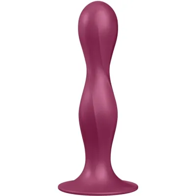 Purple, curved silicone toy with a wide base, freestanding on a white background.