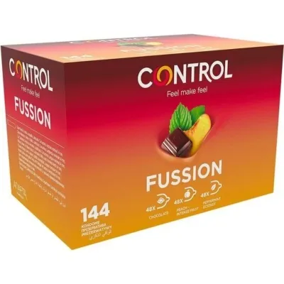 Packaging for Control Fusion condoms, 144 pieces, with chocolate, peach and peppermint flavors.