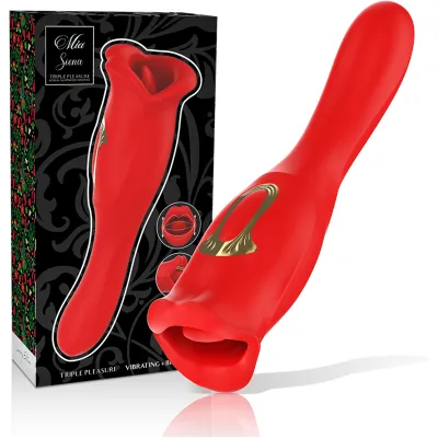 Red vibrator with golden accents, next to a decorative package with a floral pattern.
