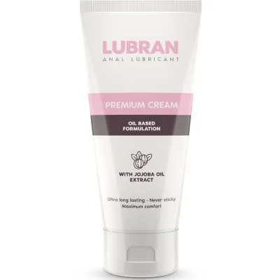 Tube of Lubran anal lubricant, premium cream, oil-based formula, jojoba oil extract, long-lasting, non-sticky.